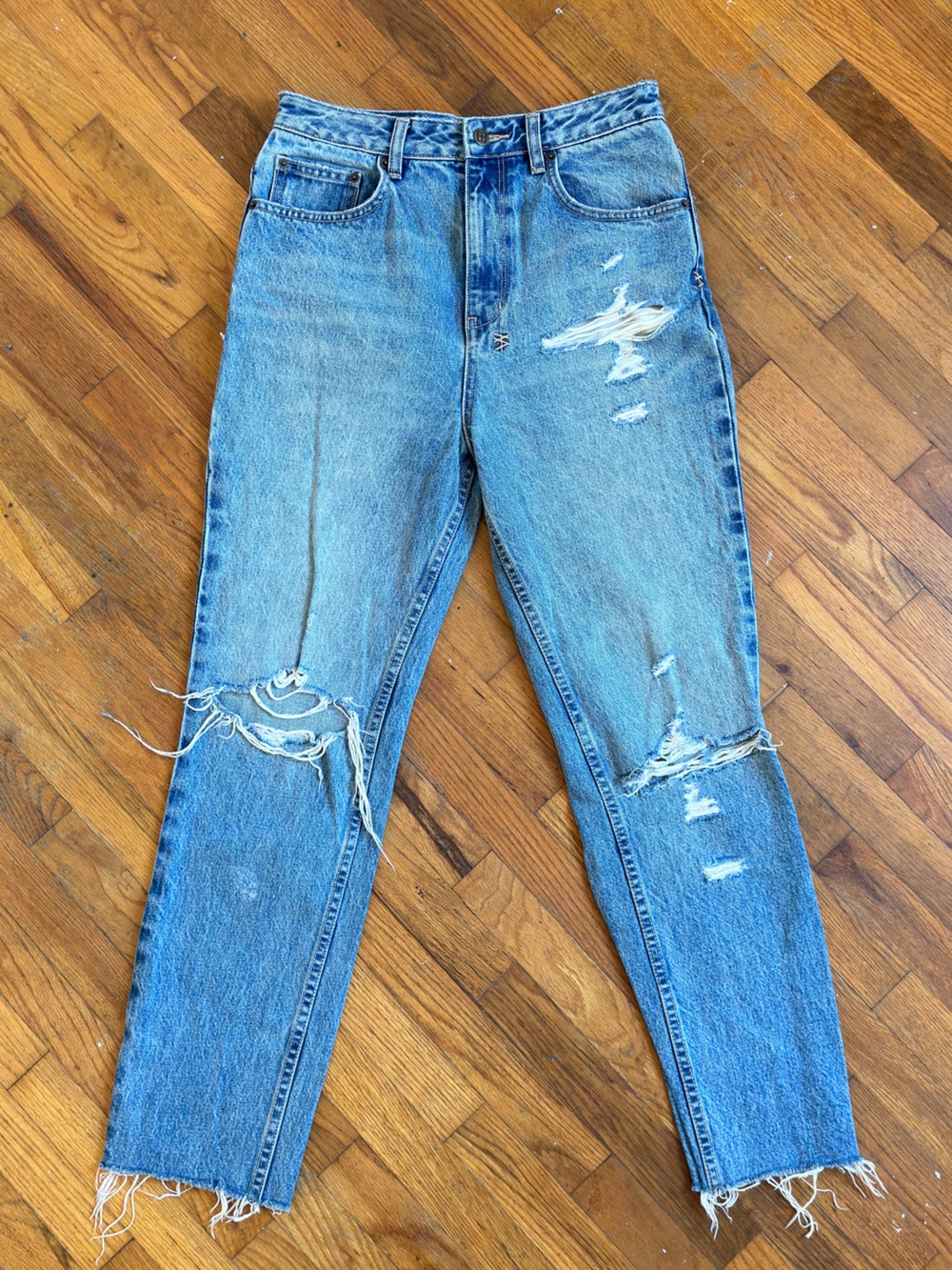 Ksubi on Distressed Straight Leg Jeans Size 28 Light Wash Raw Hem 100% Cotton